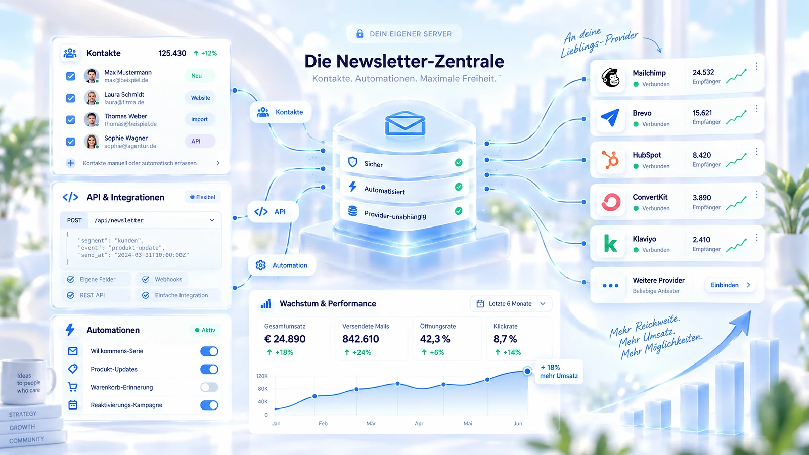 Central de newsletters independiente del proveedor con API, automatización e informes